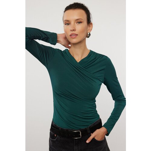 Trendyol Emerald Green Drape Detailed Fitted Long Sleeve Stretchy Knitted Blouse Slike