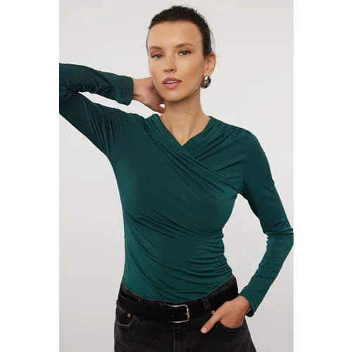 Trendyol Emerald Green Drape Detailed Fitted Long Sleeve Stretchy Knitted Blouse