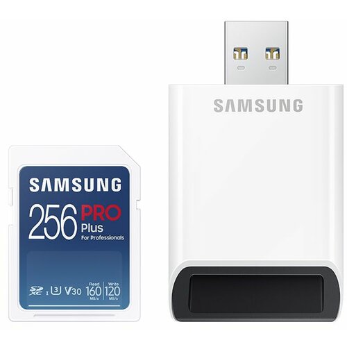 Samsung SD Card 256GB, PRO Plus, SDXC, UHS-I U3 V30 Class10, Read up to 160MB/s, Write up to 120 MB/s, for 4K and FullHD video recording, w/USB Card Reader Slike