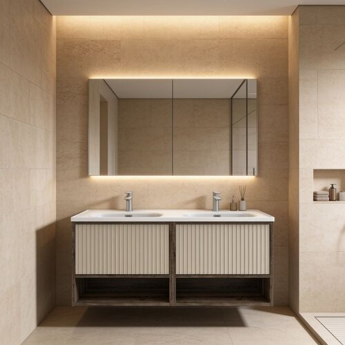 Hanah home kupatilski ormarić sa lavaboom elegant, 120 cm, sivi hrast / vanila Slike
