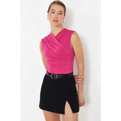 Trendyol Fuchsia Fitted Gather Detailed Sleeveless Stretchy Knitted Blouse