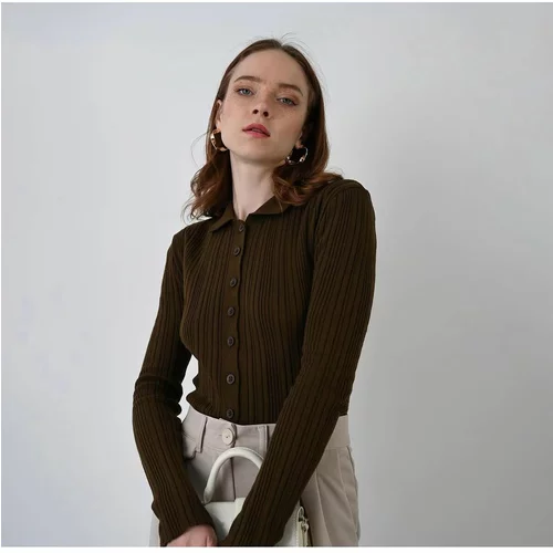 Laluvia Brown Melange Polo Neck Buttoned Knitted Cardigan