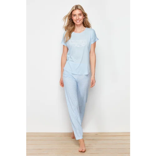 Trendyol Blue Gingham and Slogan Printed Knitted Pajamas Set