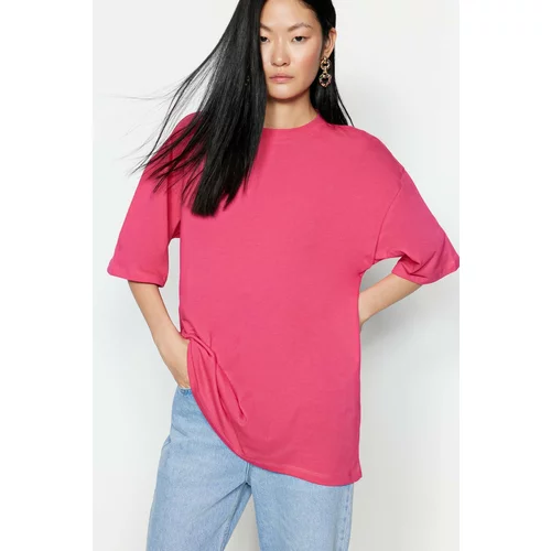 Trendyol Fuchsia100% Cotton Premium Oversize/Wide Fit Crew Neck Knitted T-Shirt