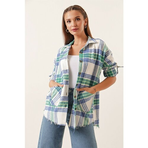 By Saygı Double Pocket Checkered Cachet Shirt Green with Fold Sleeves Slike
