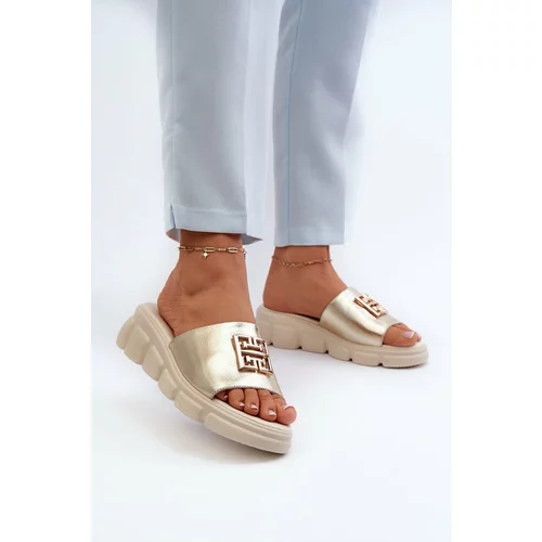 Kesi Women's leather slippers with gold trim on Vinceza Gold wedges