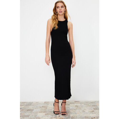 Trendyol Black Back Detail Fitted Ribbed Cotton Stretch Knitted Maxi Dress Slike