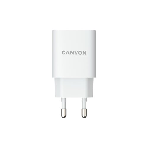 Canyon h-18-01, Wall charger with 1*USB, QC3.0 18W, Input: 100V-240V, Output: DC 5V/3A,9V/2A,12V/1.5A, Eu plug, OCP/OVP/OTP/SCP, CE, RoHS ,ERP. Size: 80.17*41.23*28.68mm, 50g, White Slike
