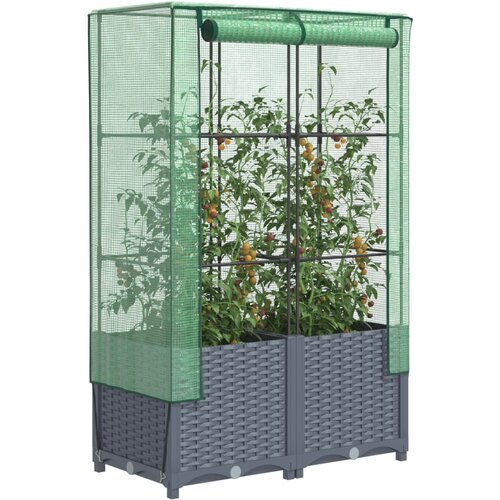 VidaXL Visoka greda s prevleko za rastlinjak videz ratana 80x40x138 cm Slike