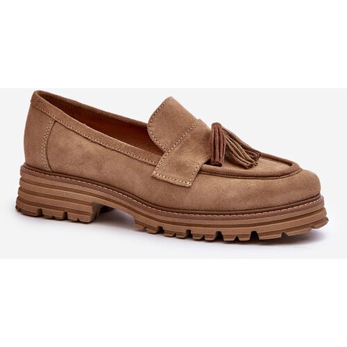 Zazoo 3469 Suede Women's Loafers With Fringes Beige Cene