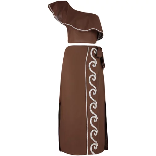 Trendyol Brown Woven Flounce One-Shoulder 100% Cotton Blouse and Skirt Suit