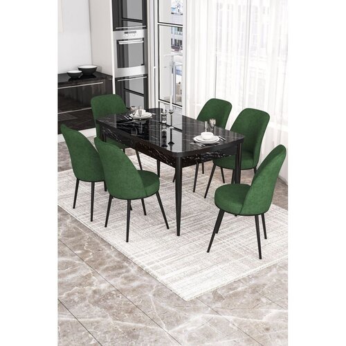 Hanah home trpezarijski set Via, sto na razvlačenje i 6 stolica, ploča u dekoru crnog mermera, kaki zelena tkanina Jerry Cene