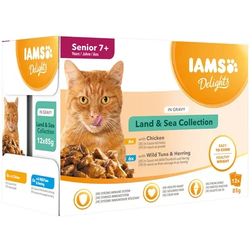 IAMS 36 + 12 gratis! 48 x 85 g - Delights Senior Land & Sea Collection u umaku