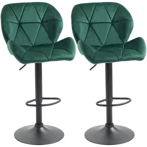 HOMCOM Komplet 2 barskih stolčkov, nastavljiva višina s kovinsko podlago in žametnim sedežem, sodobni stolčki z naslonom za hrbet in noge, 46x48x83-104 cm, zelena, (20745235)