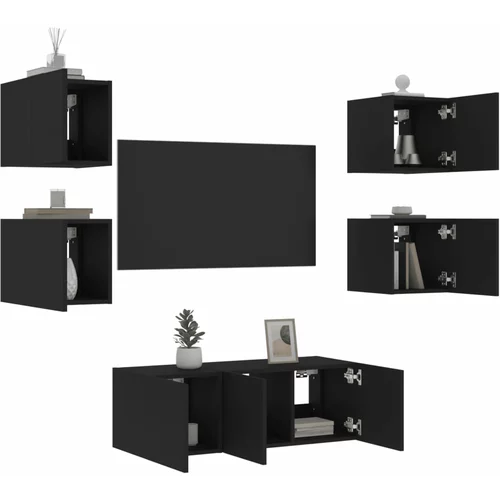  6-dijelni zidni TV elementi s LED svjetlima crni drveni
