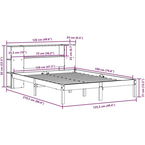 VidaXL Krevet s regalom z knjige bez madraca bijeli 120x190cm borovina Slike