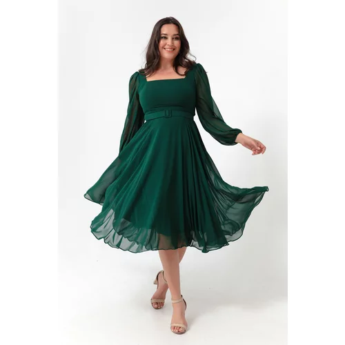 Lafaba Women's Emerald Green Square Neckline With Belt Midi Chiffon Plus Size Evening Dress.