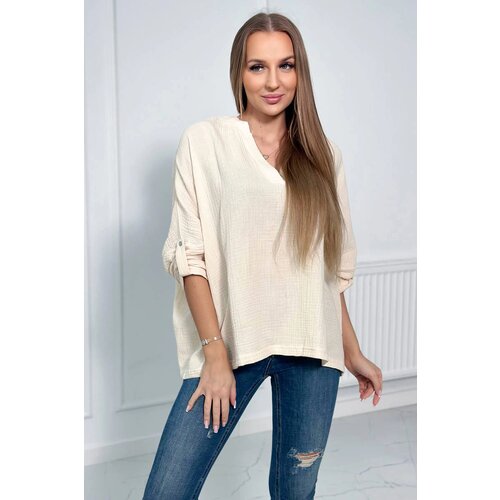 Kesi Cotton blouse with rolled up sleeves light beige Cene