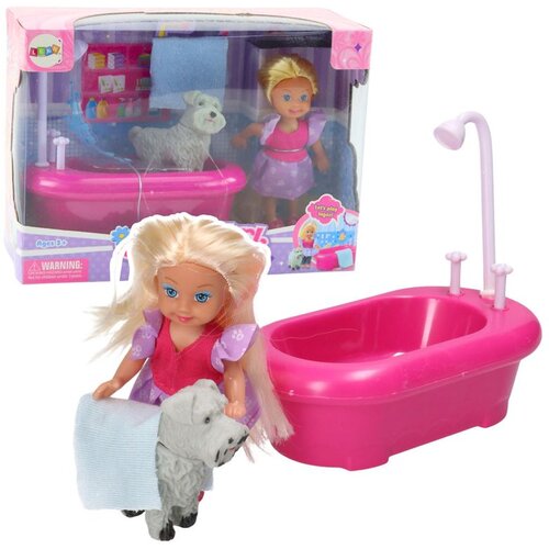 Mini set za lutke s kadicom i bijelim psom roza Slike