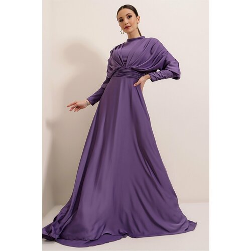 By Saygı Lilac Front Back Pleated Sleeves Button Detailed Lined Long Satin Dress. Slike