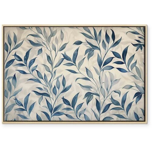  Slika - Leaves in Blue Color Delicate Botanical Motif 90x60 U prirodnom drvenom okviru Slike