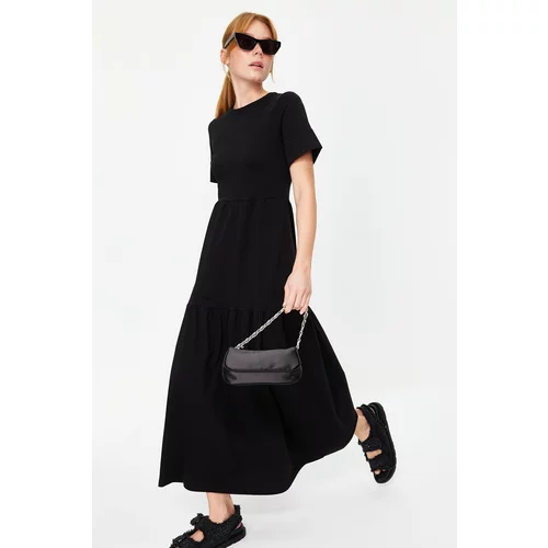 Trendyol Black Gathered Skirt Ruffle Maxi Short Sleeve Crew Neck Knitted Dress