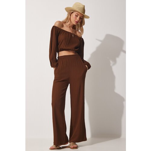  Women's Brown Carmen Collar Crop Blouse, Pants Linen Suit Cijene