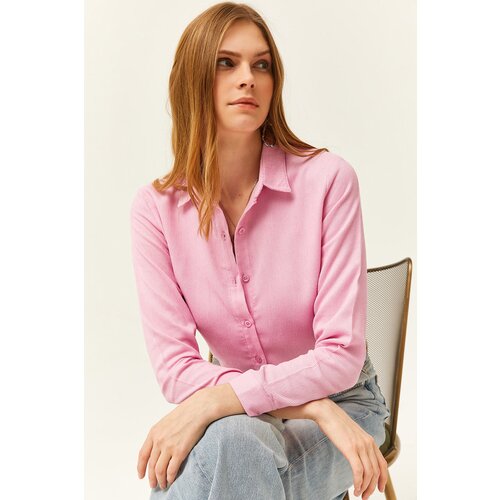 Olalook Women's Candy Pink Slim Ribbed Velvet Shirt Cene