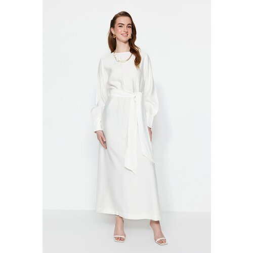 Trendyol White Wide Belted Zipper Cuff Woven Linen Look Dress Cene