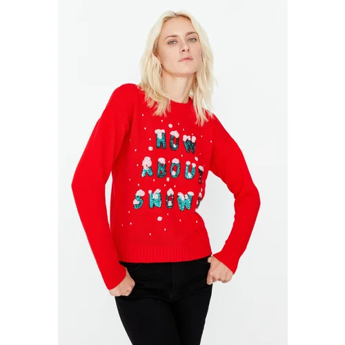 Trendyol Red Christmas Themed Embroidery Detailed Knitwear Sweater