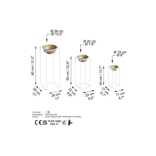 WALLXPERT Set ukrasnih saksija GED-019-C, 28x80cm, 17x40cm, 22x60cm, Bijelo-zlatna Cene