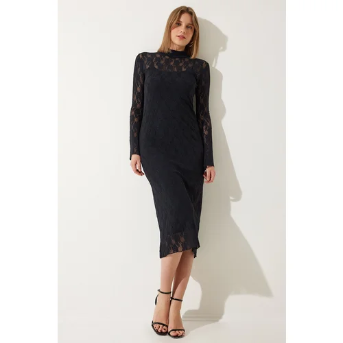  Women's Black Stand Collar Stylish Lace Dress