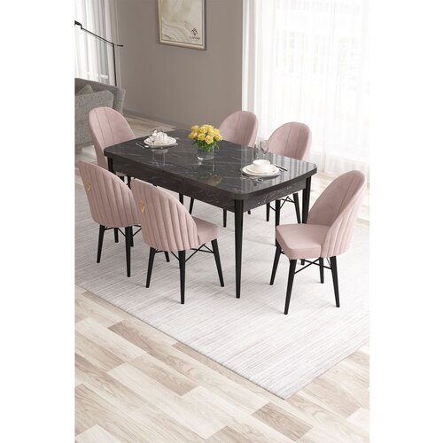 Hanah home Roz - Black Marble, Pink Black MarblePink Extendable Dining Table & Chairs Set (7 Pieces) Cene