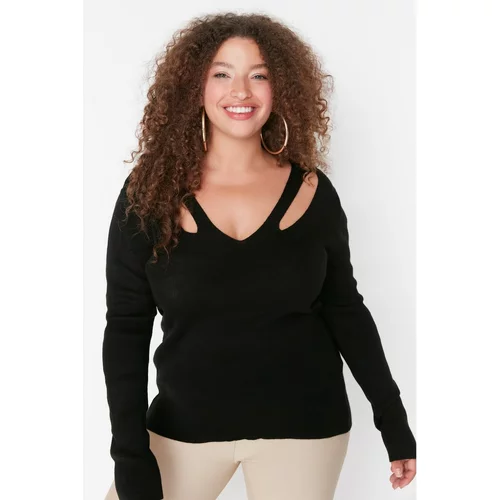 Trendyol Curve Black Thin Cut Out Detailed V Neck Knitwear Blouse