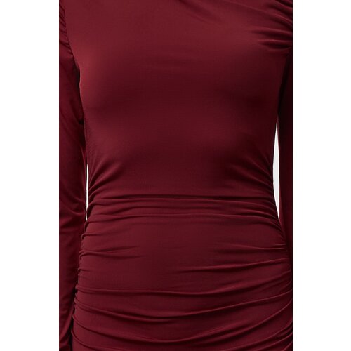 Trendyol Burgundy Fitted/Fits the Body Stand Collar Long Sleeve Flexible Maxi Knit Dress Slike
