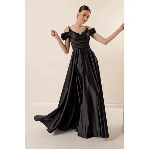 By Saygı Rope Strap Low Sleeve Stone Detailed Front Draped Lined Long Satin Evening Dress Black