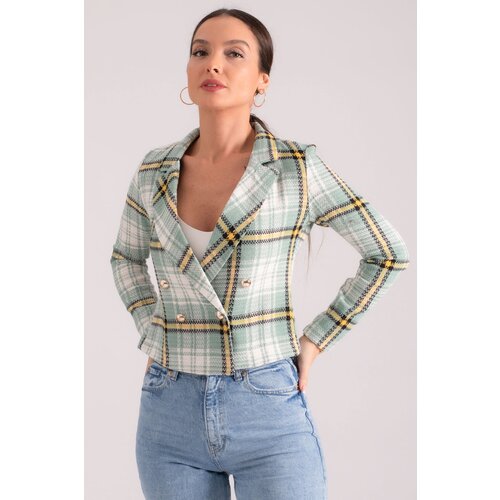 armonika Women's Green-Yellow Double Breasted Collar Tweed Crop Jacket Slike