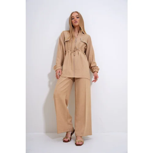 Trend Alaçatı Stili Women's Beige Stand Collar Zippered Stone Embroidered Belted Jacket & Palazzo Trousers Set