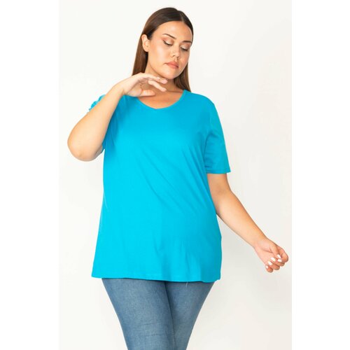 Şans Women's Plus Size Turquoise Cotton Fabric V-Neck Short Sleeve Blouse Slike