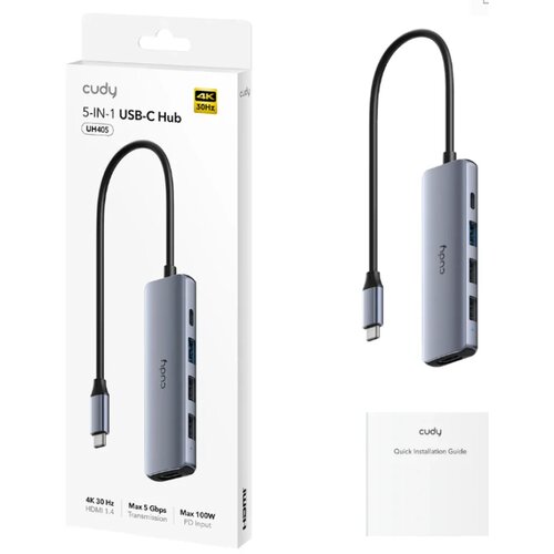 Cudy UH405, 5-In-1 HDMI 4K USB-C Hub 30/60/120 Hz, 5Gps, 100W Cene