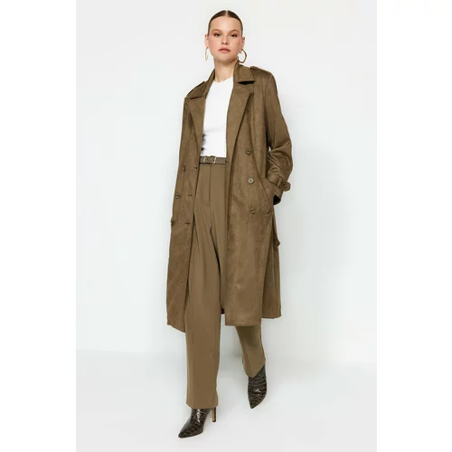 Trendyol Khaki Belted Suede Trench Coat with Buttons