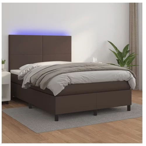  Box spring postelja z vzmetnico LED rjava 140x200cm um. Usnje