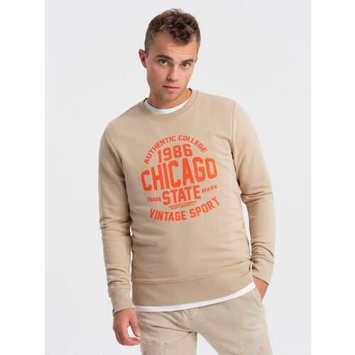Ombre Men's unbuttoned sweatshirt with collegiate print - sand Cene