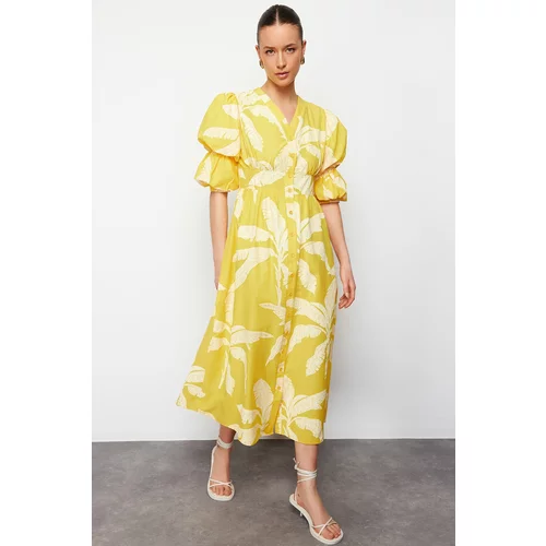 Trendyol Yellow V-neck Floral Print Half Balloon Sleeve Woven Shirt Dress