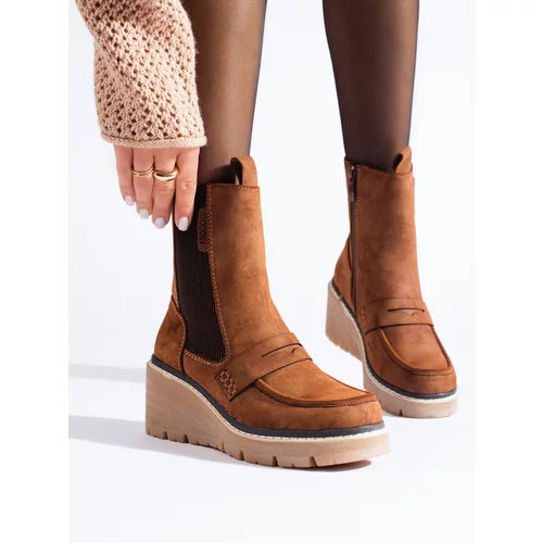 SHELOVET Brown suede boots heeled ankle boots