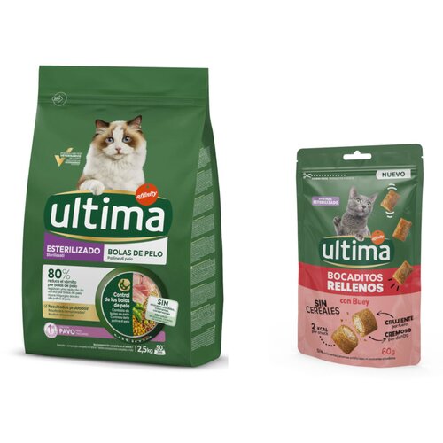  2,5 kg Ultima + 60 g Ultima Snacks punjeni zalogajčići s govedinom gratis! - Sterilized Hairball puretina Slike