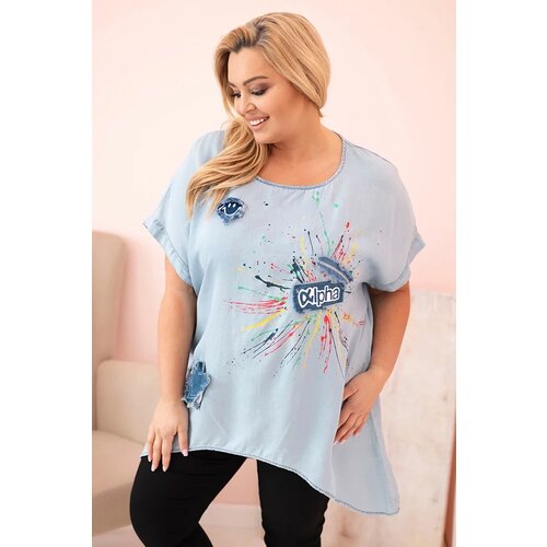 Kesi Włoski Plus Size women's blouse with patches light denim Cene