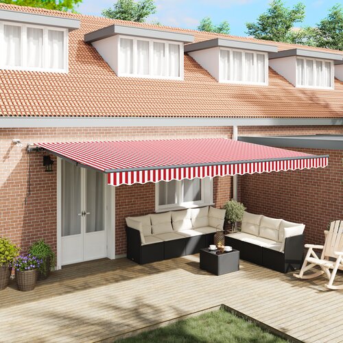 VidaXL Samodejna retraktibilna tenda z LED rdečo in belo črto 500x300 cm Slike
