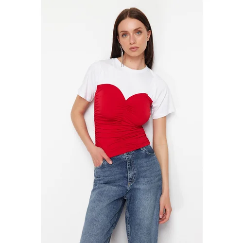 Trendyol Red Color Block Fitted/Situated Gathered Detail Short Sleeve Stretch Knitted Blouse