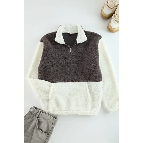 Trendyol Smoke Unisex Oversize/Wide Cut Color Block Stand Collar Warm Plush Sweatshirt